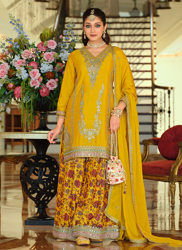 Yellow Embroidery Printed Palazzo Suit