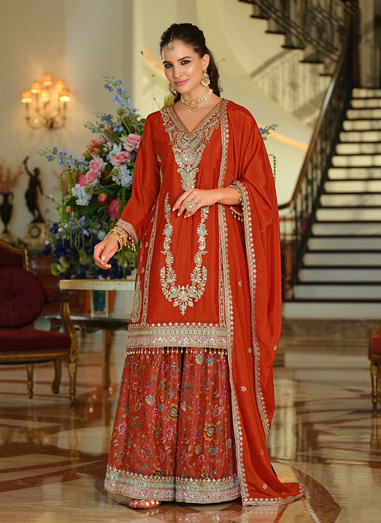 Red Embroidery Printed Palazzo Suit