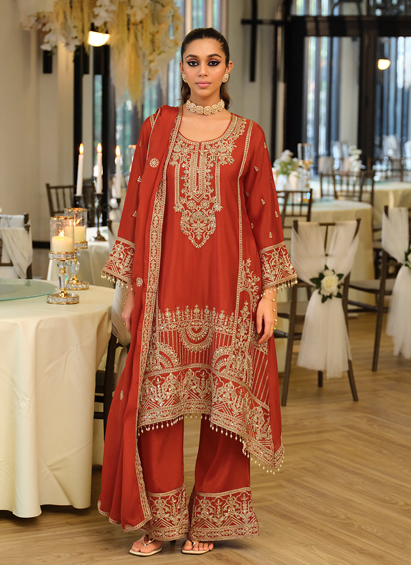 Burnt Orange Traditional Embroidered Palazzo Suit