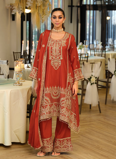 Burnt Orange Traditional Embroidered Palazzo Suit