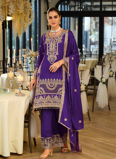 Royal Purple Traditional Embroidered Palazzo Suit