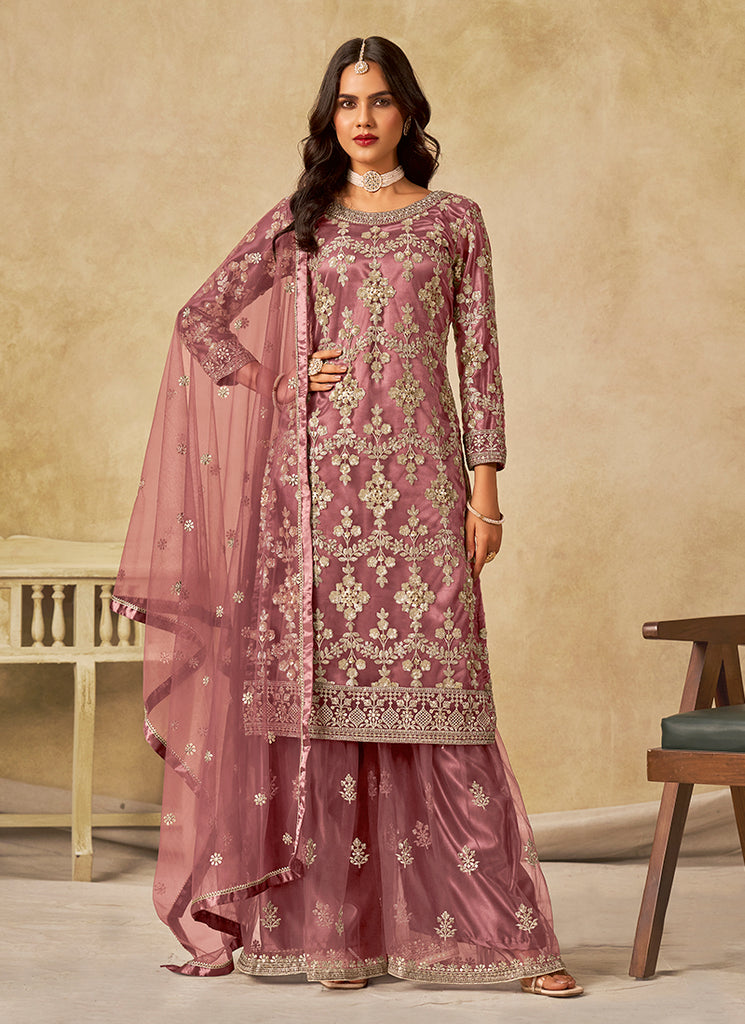 Pink Embroidery Traditional Palazzo Suit