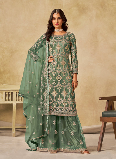 Green Embroidery Traditional Palazzo Suit
