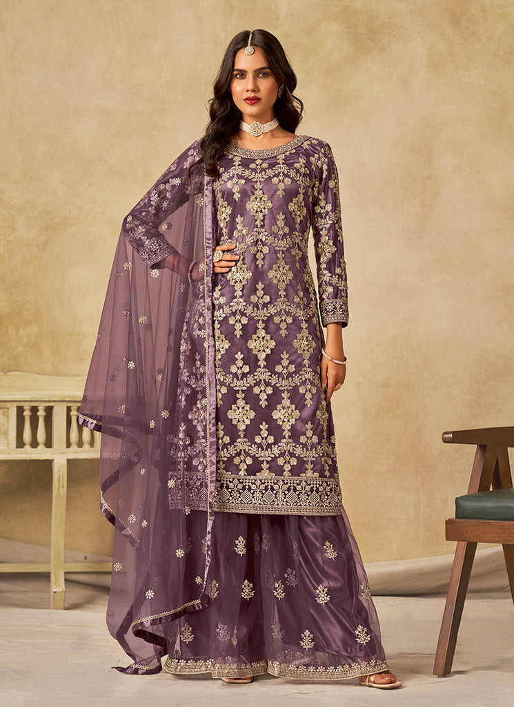 Purple Embroidery Traditional Palazzo Suit