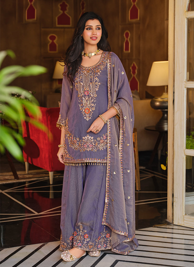 Dusty Purple Embroidered Palazzo Suit