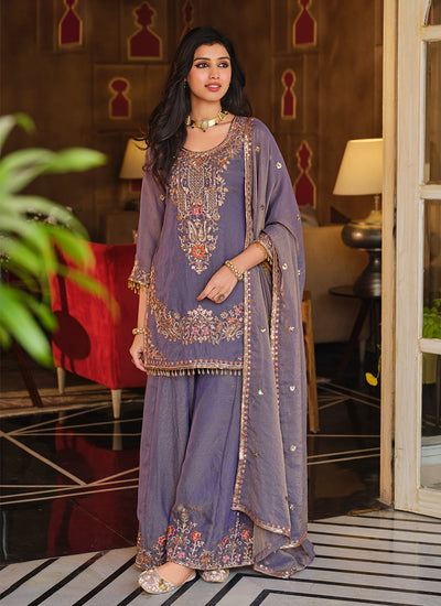 Dusty Purple Embroidered Palazzo Suit