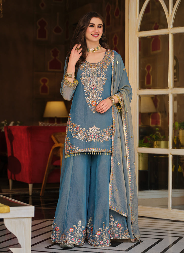 Teal Blue Embroidery Palazzo Suit