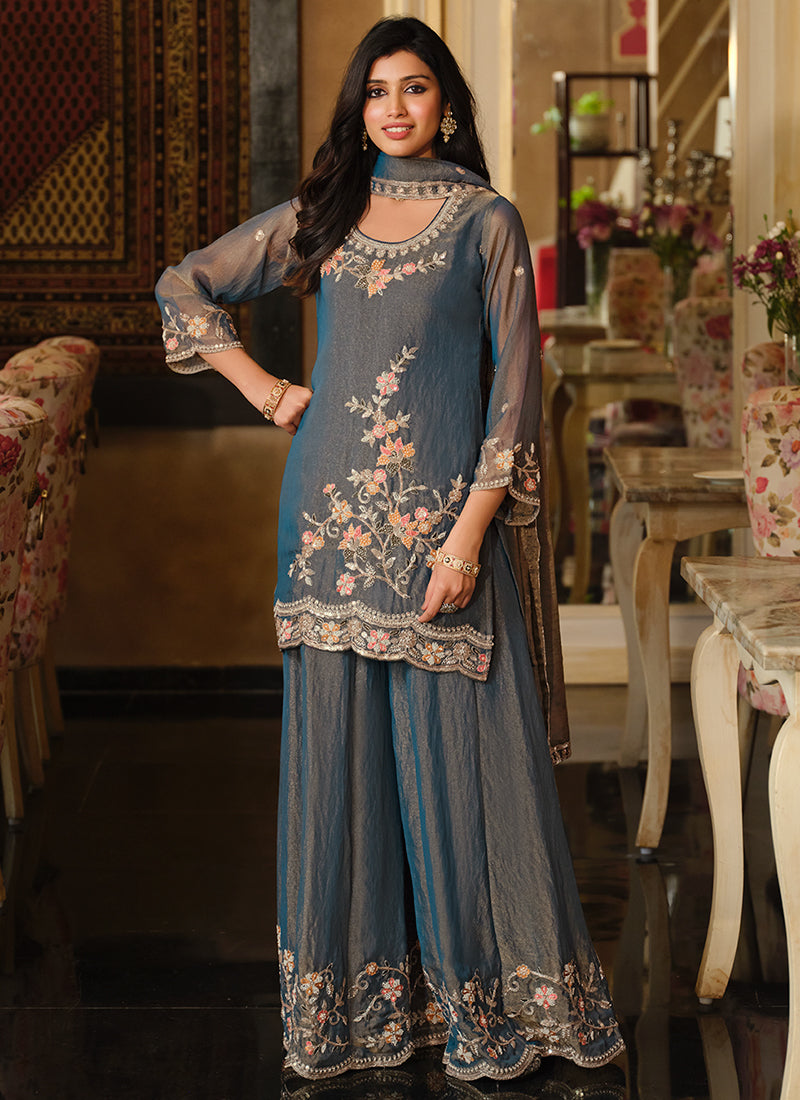Steel Blue Embroidered Kurta Palazzo Suit