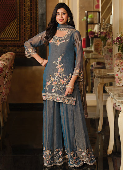 Steel Blue Embroidered Kurta Palazzo Suit