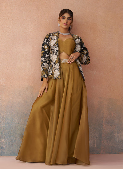 Olive and Black Embroidered Blazer Style Palazzo Suit