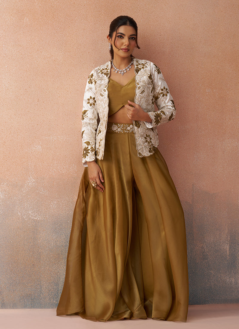 Olive and White Embroidered Blazer Style Palazzo Suit