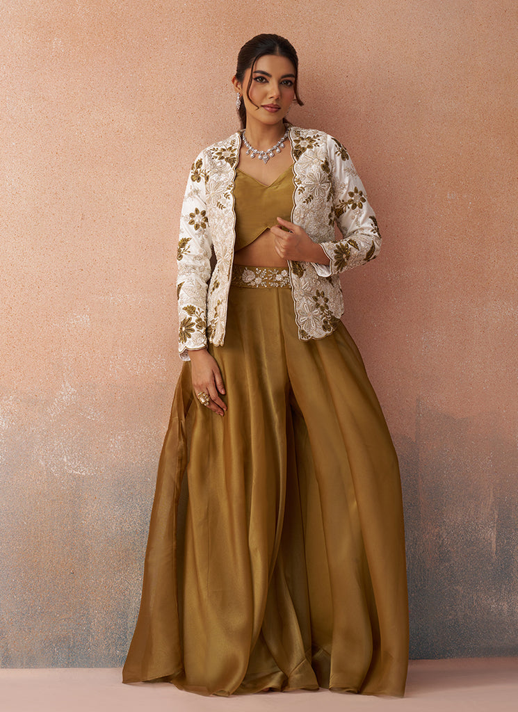 Olive and White Embroidered Blazer Style Palazzo Suit
