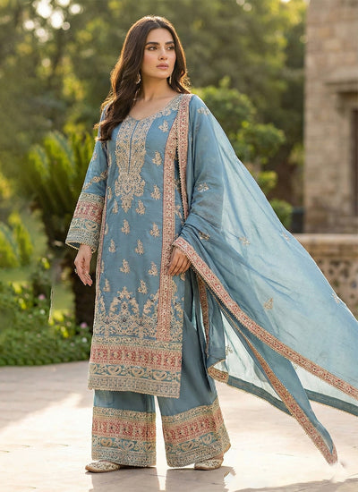 Steel Blue Multi Embroidered Palazzo Suit