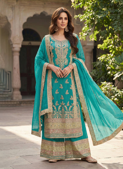 Turquoise Multi Embroidered Palazzo Suit