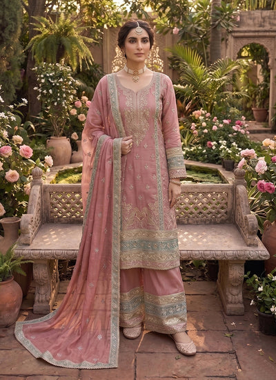 Rose Pink Multi Embroidery Palazzo Suit