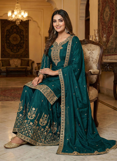 Teal Green Embroidery Festive Palazzo Suit