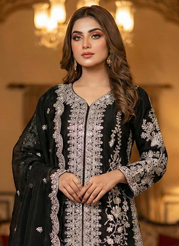 Black Embroidered Festive Silk Palazzo Suit