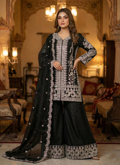 Black Embroidered Festive Silk Palazzo Suit