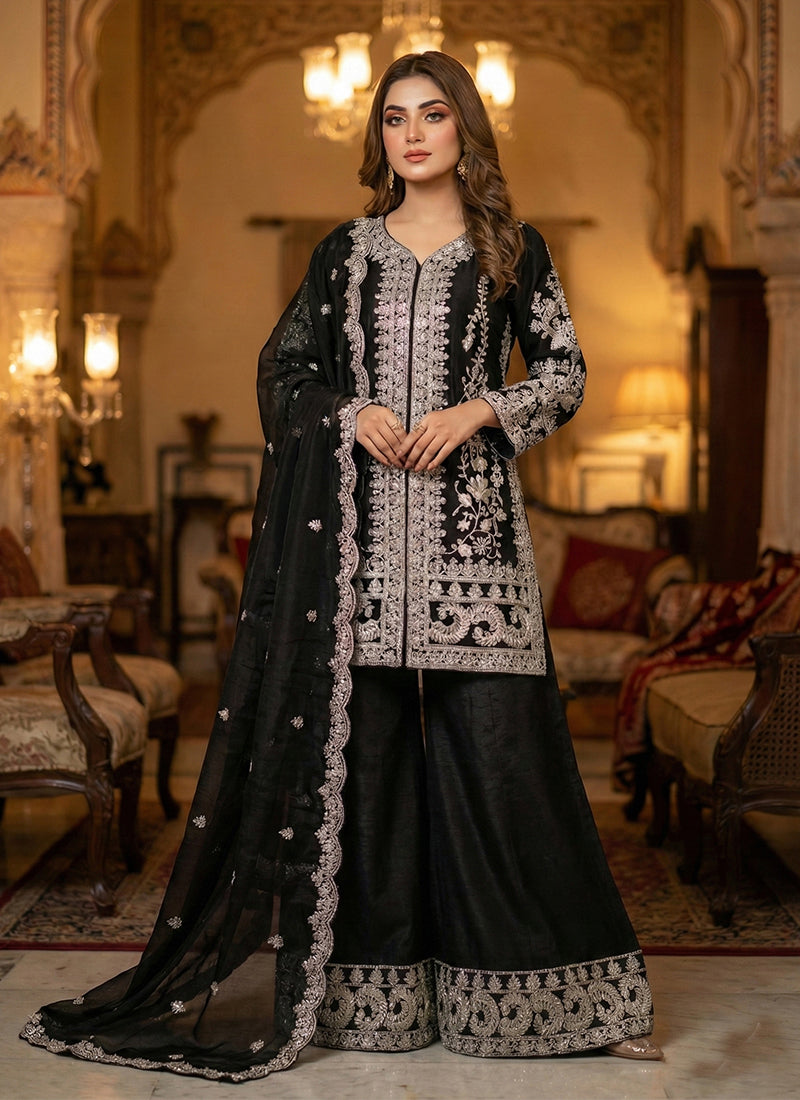 Black Embroidery Festive Palazzo Suit