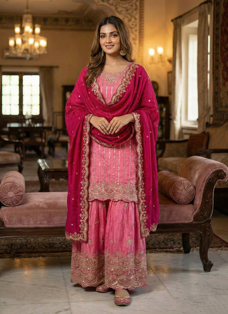 Pink Embroidered Festive Gharara Suit