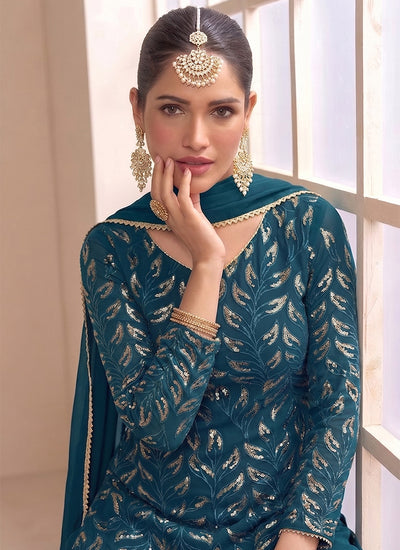 Turquoise Traditional Embroidery Georgette Palazzo Suit