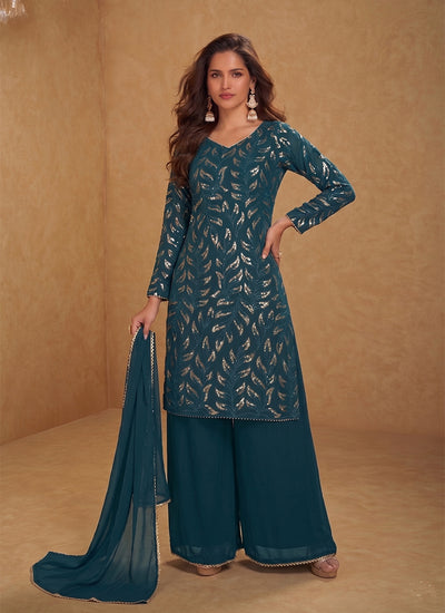 Turquoise Traditional Embroidery Georgette Palazzo Suit