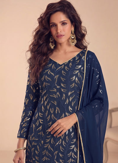 Blue Traditional Embroidery Georgette Palazzo Suit