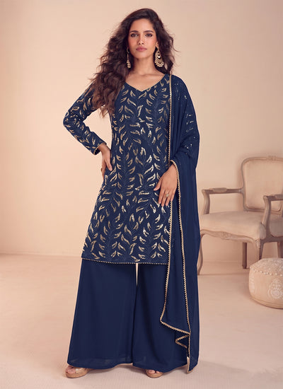 Blue Traditional Embroidery Georgette Palazzo Suit