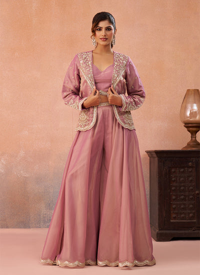 Pink Embroidered Blazer Style Palazzo Suit