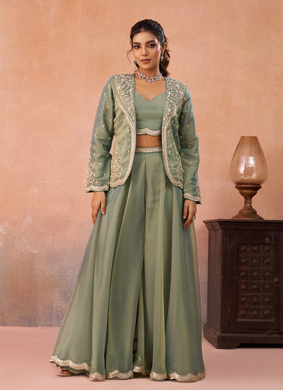 Pista Green Embroidered Blazer Style Palazzo Suit