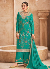 Turquoise Multi Embroidery Palazzo Style Suit