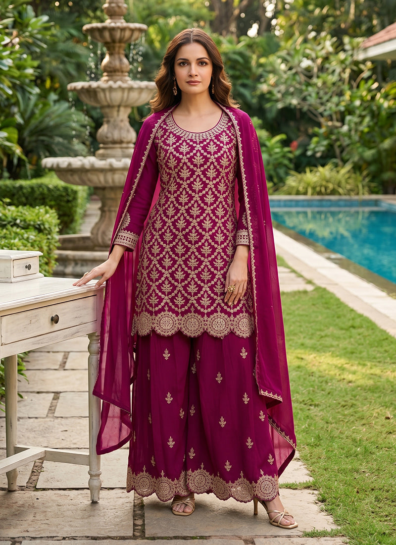 Rich Wine Embroidered Chinnon Silk Palazzo Suit