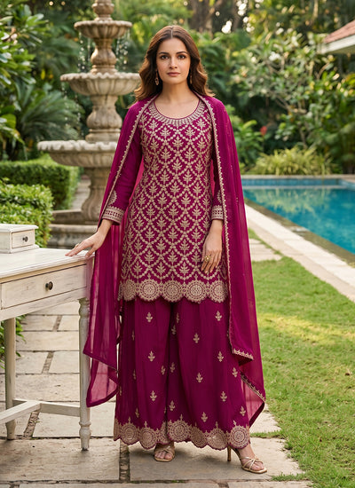 Rich Wine Embroidered Chinnon Silk Palazzo Suit
