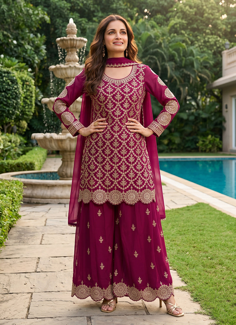 Traditional Embroidered Palazzo Suit in Luxurious Chinnon Silk