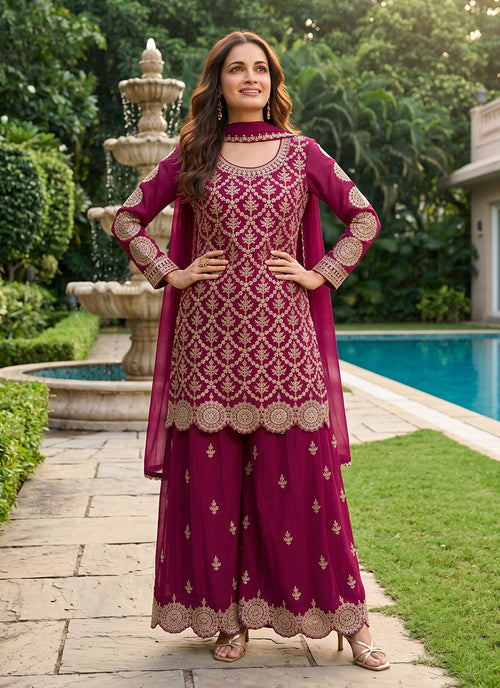 Traditional Embroidered Palazzo Suit in Luxurious Chinnon Silk