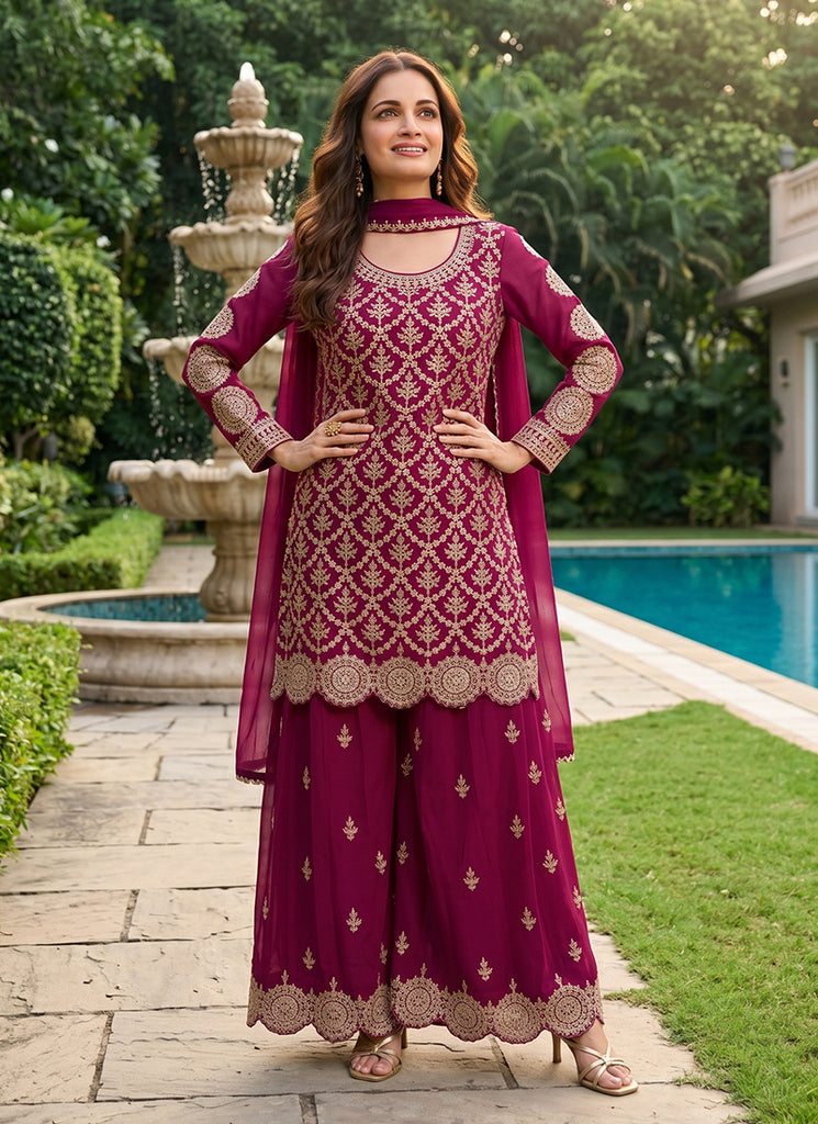Traditional Embroidered Palazzo Suit in Luxurious Chinnon Silk