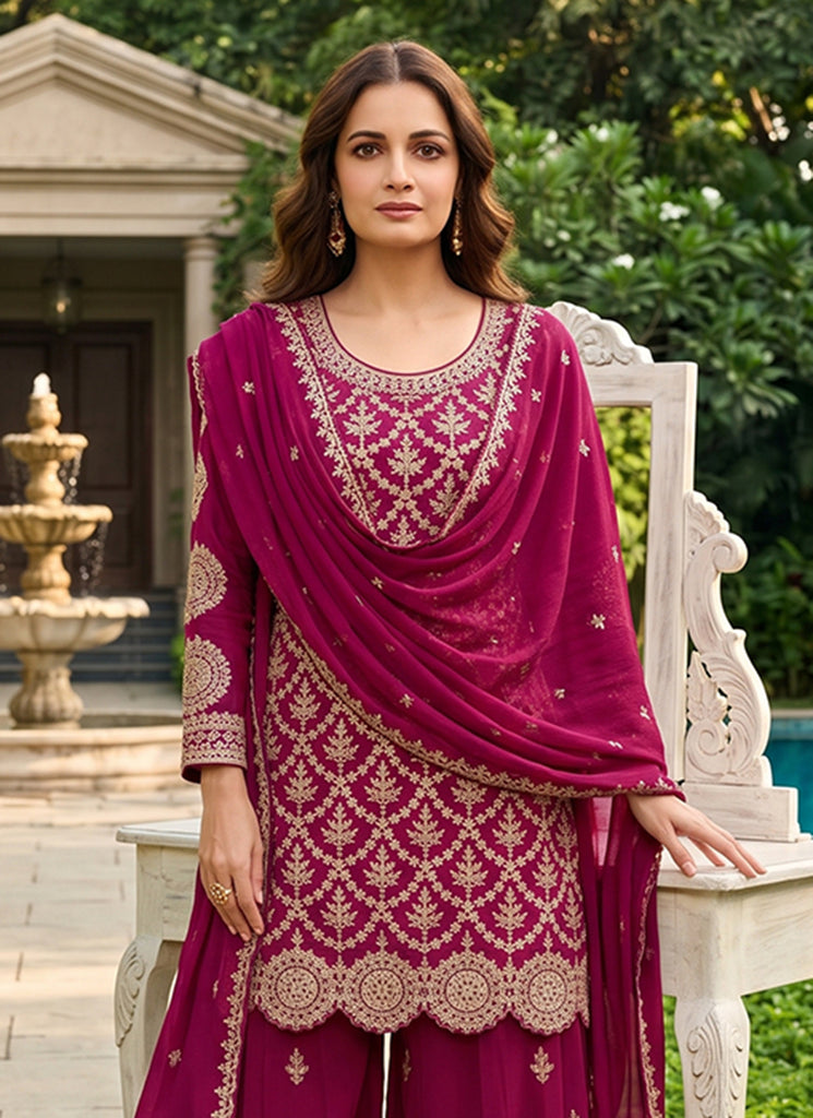 Rich Wine Embroidered Chinnon Silk Palazzo Suit for Women