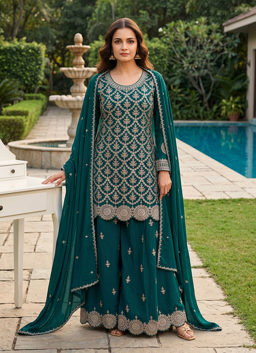 Bottle Green Embroidered Chinnon Silk Palazzo Suit

