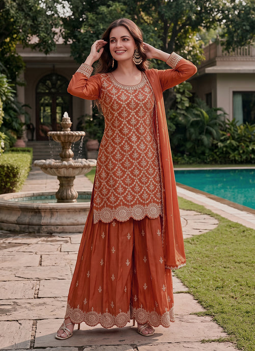 Rust Orange Embroidered Chinnon Silk Palazzo Suit