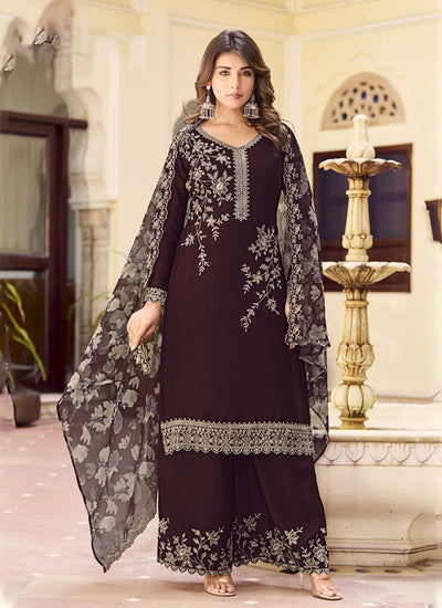 Wine Embroidery Designer Palazzo Suit