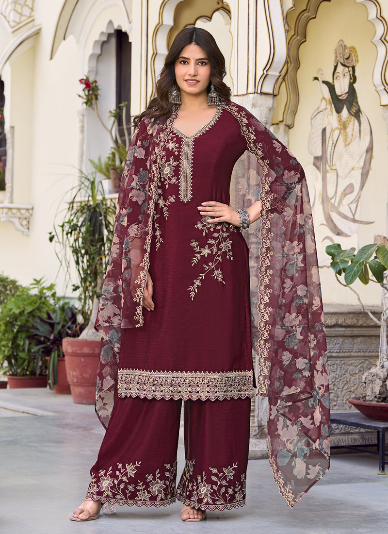 Maroon Embroidery Designer Palazzo Suit