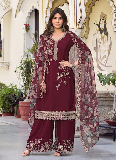 Maroon Embroidery Designer Palazzo Suit