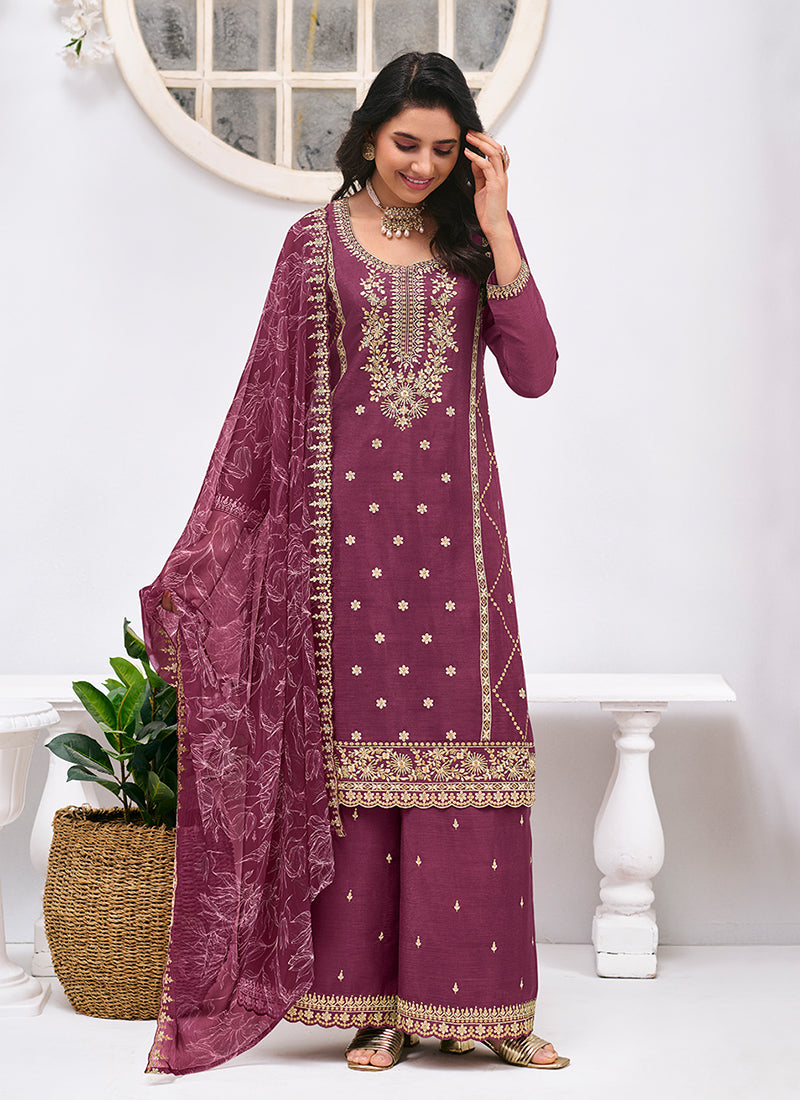 Wine Embroidery Festive Palazzo Suit