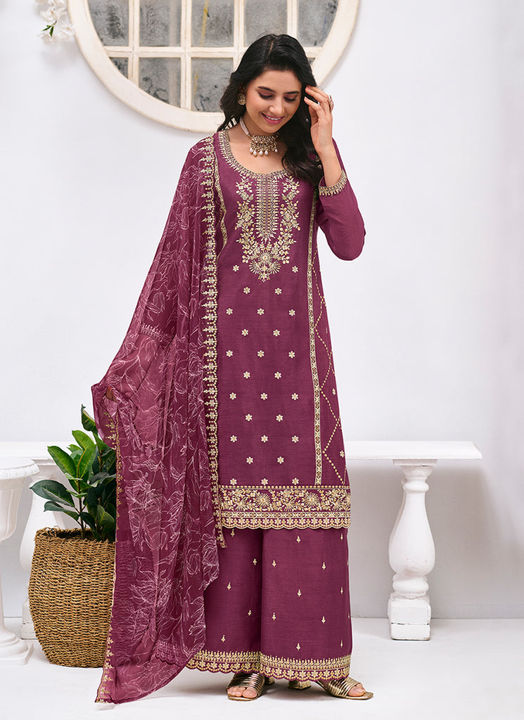 Wine Embroidery Festive Palazzo Suit