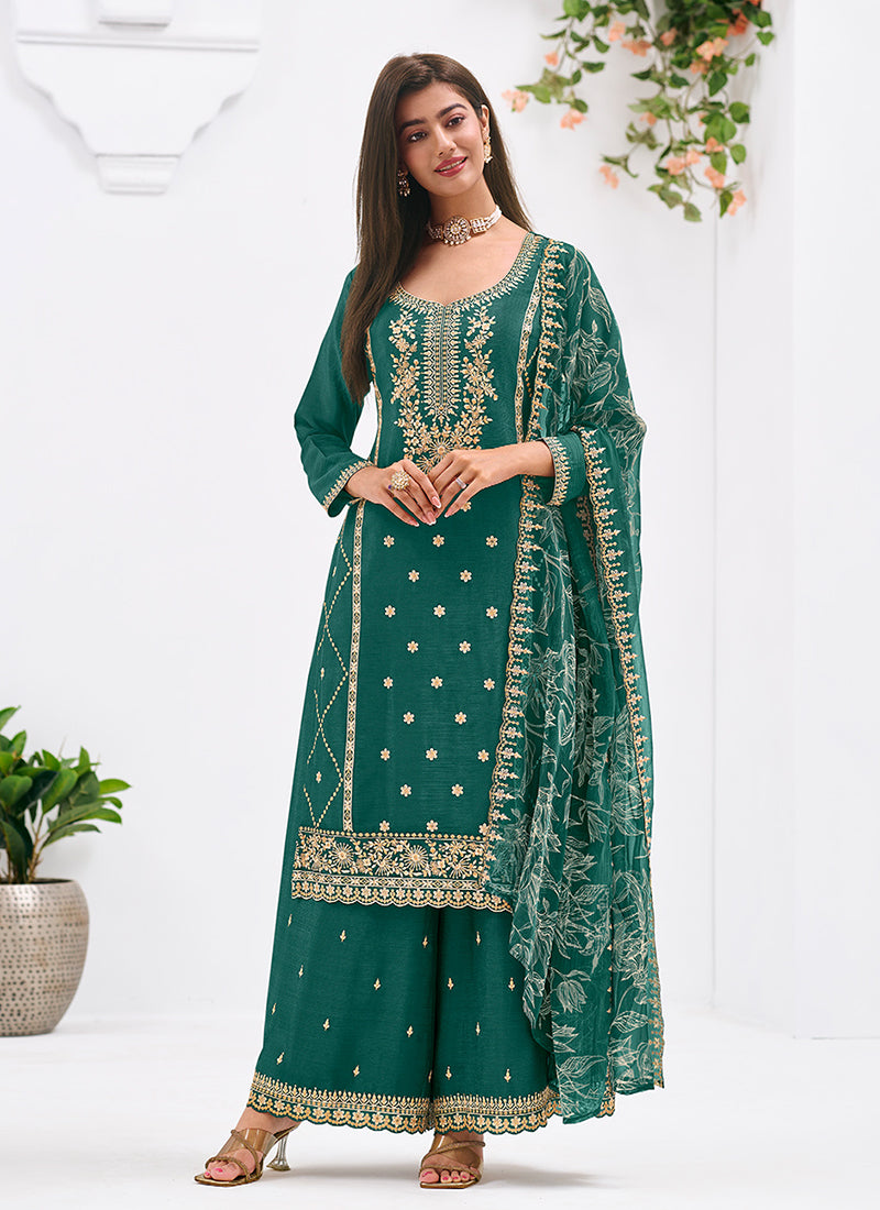 Bottle Green Embroidery Festive Palazzo Suit