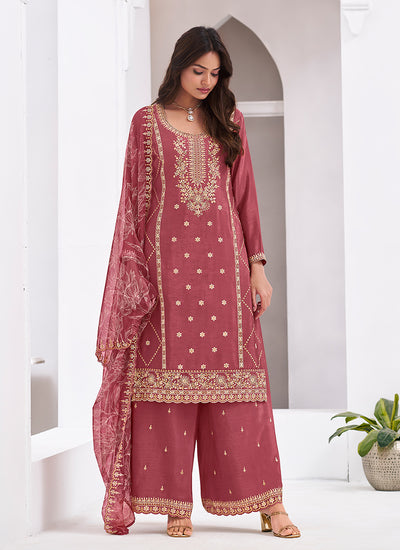 Mauve Embroidery Festive Palazzo Suit