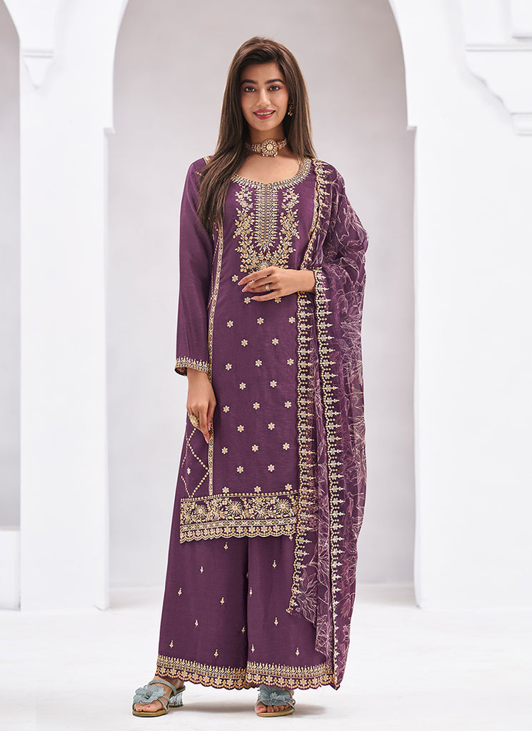 Purple Embroidery Festive Palazzo Suit