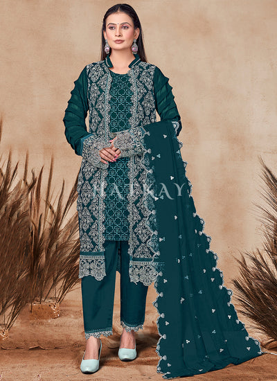 Turquoise Embroidery Jacket Style Palazzo Suit