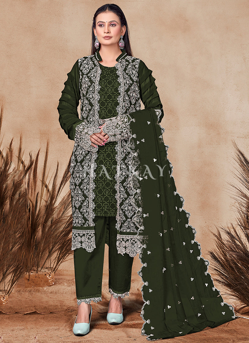Green Embroidery Jacket Style Palazzo Suit