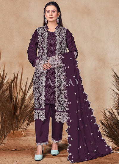 Purple Embroidery Jacket Style Palazzo Suit